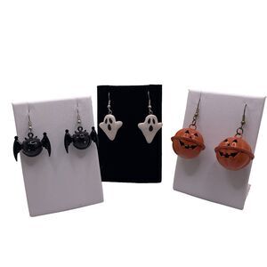 Halloween Dangle Earrings Set of 3 Metal Bats Jack-o-Lanterns Clay Ghosts
